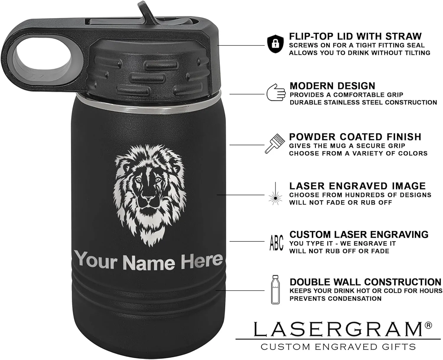 LaserGram Personalized Water Bottle, Tyrannosaurus Rex Dinosaur, Stainless Steel Double Wall Vacuum Insulated with Flip Top Straw, Custom Engraved Gift (12oz / 335ml Black)