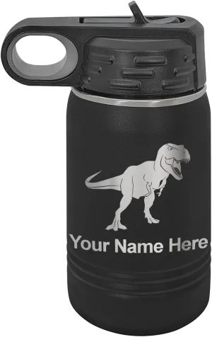 LaserGram Personalized Water Bottle, Tyrannosaurus Rex Dinosaur, Stainless Steel Double Wall Vacuum Insulated with Flip Top Straw, Custom Engraved Gift (12oz / 335ml Black)