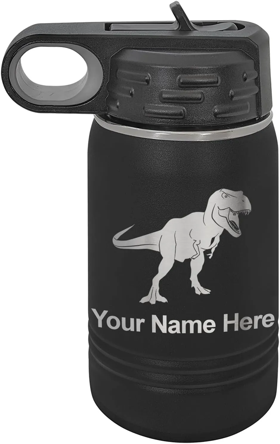LaserGram Personalized Water Bottle, Tyrannosaurus Rex Dinosaur, Stainless Steel Double Wall Vacuum Insulated with Flip Top Straw, Custom Engraved Gift (12oz / 335ml Black)