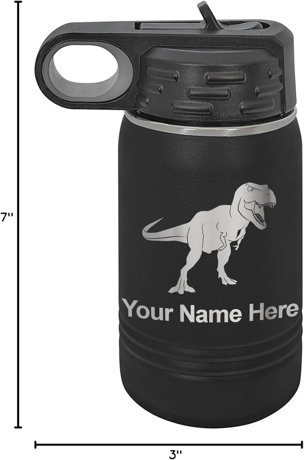 LaserGram Personalized Water Bottle, Tyrannosaurus Rex Dinosaur, Stainless Steel Double Wall Vacuum Insulated with Flip Top Straw, Custom Engraved Gift (12oz / 335ml Black)
