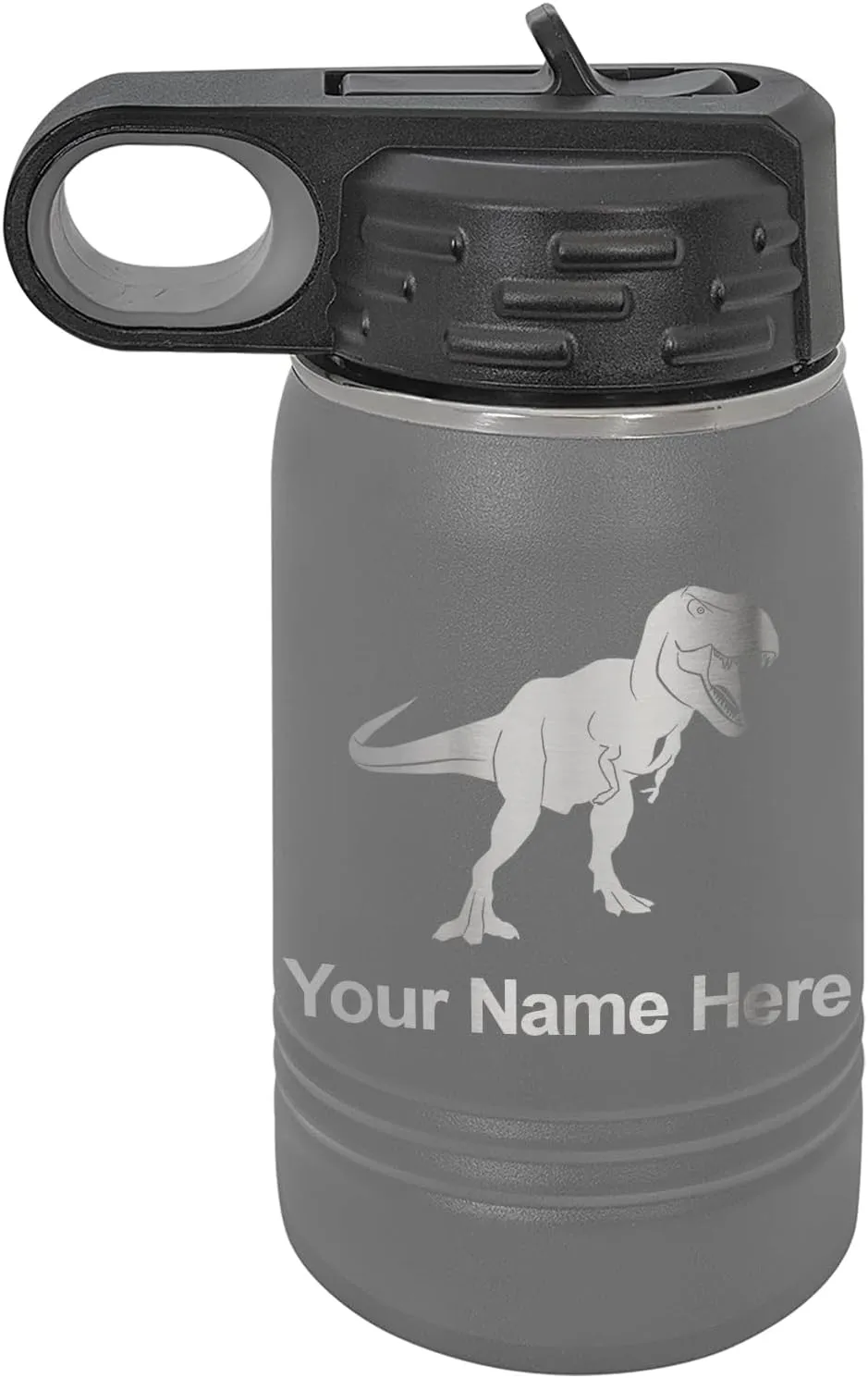 LaserGram Personalized Water Bottle, Tyrannosaurus Rex Dinosaur, Stainless Steel Double Wall Vacuum Insulated with Flip Top Straw, Custom Engraved Gift (12oz / 335ml Gray)