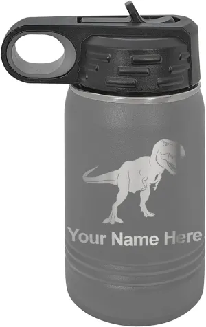 LaserGram Personalized Water Bottle, Tyrannosaurus Rex Dinosaur, Stainless Steel Double Wall Vacuum Insulated with Flip Top Straw, Custom Engraved Gift (12oz / 335ml Gray)