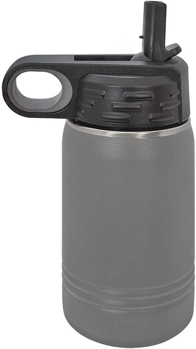 LaserGram Personalized Water Bottle, Tyrannosaurus Rex Dinosaur, Stainless Steel Double Wall Vacuum Insulated with Flip Top Straw, Custom Engraved Gift (12oz / 335ml Gray)
