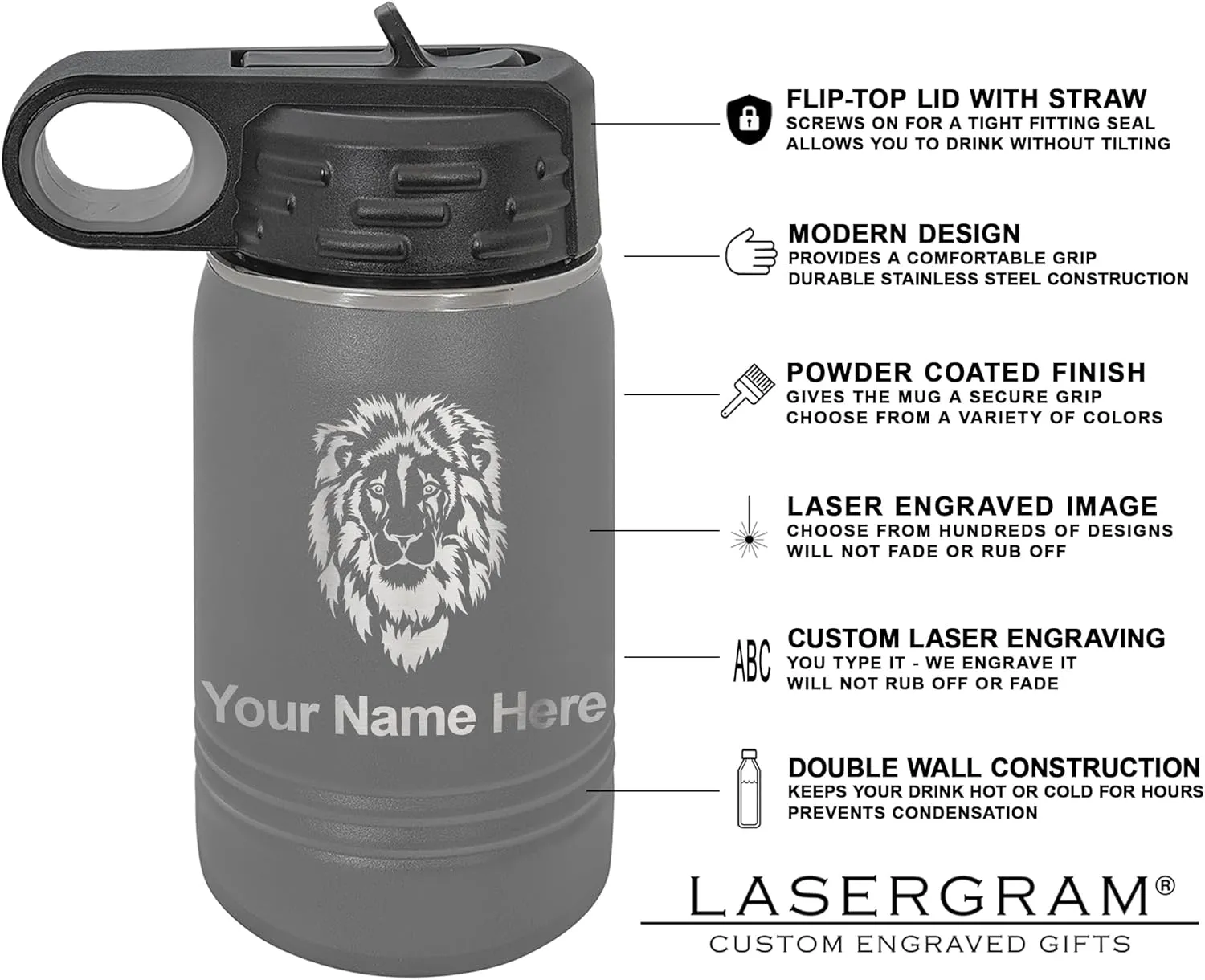 LaserGram Personalized Water Bottle, Tyrannosaurus Rex Dinosaur, Stainless Steel Double Wall Vacuum Insulated with Flip Top Straw, Custom Engraved Gift (12oz / 335ml Gray)