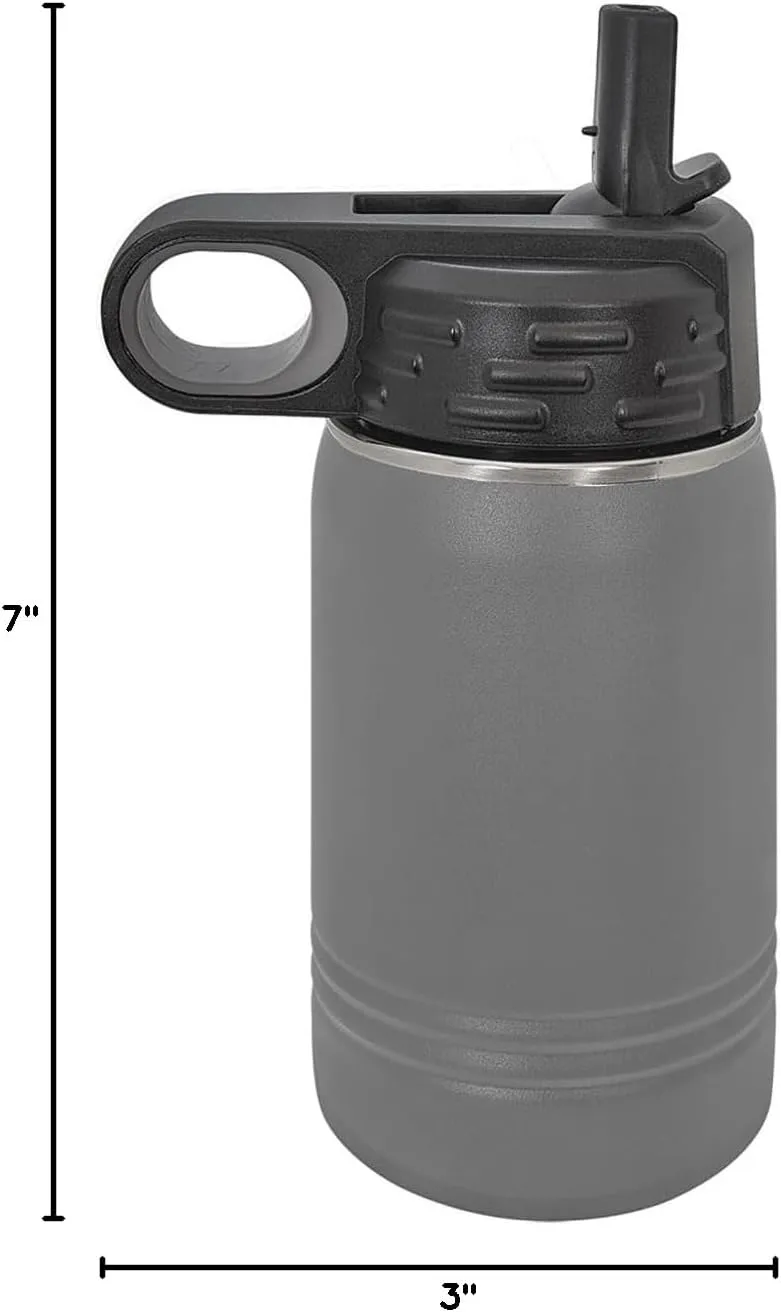 LaserGram Personalized Water Bottle, Tyrannosaurus Rex Dinosaur, Stainless Steel Double Wall Vacuum Insulated with Flip Top Straw, Custom Engraved Gift (12oz / 335ml Gray)