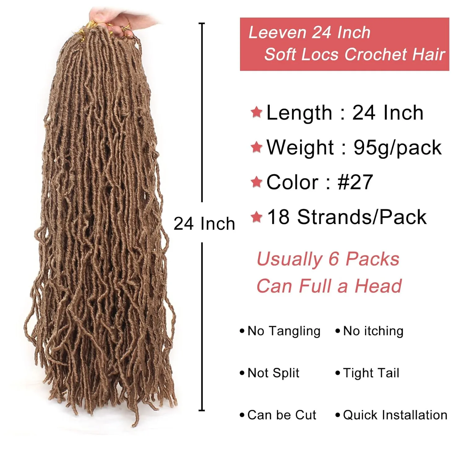 Leeven 24 Inch Distressed Faux Locs Crochet Braids 6 Packs New Soft Locs Strawberry Blonde Long Messy Goddess Locs Pre Looped Curly Wavy Dreadlock Synthetic Hair for Black Women #27
