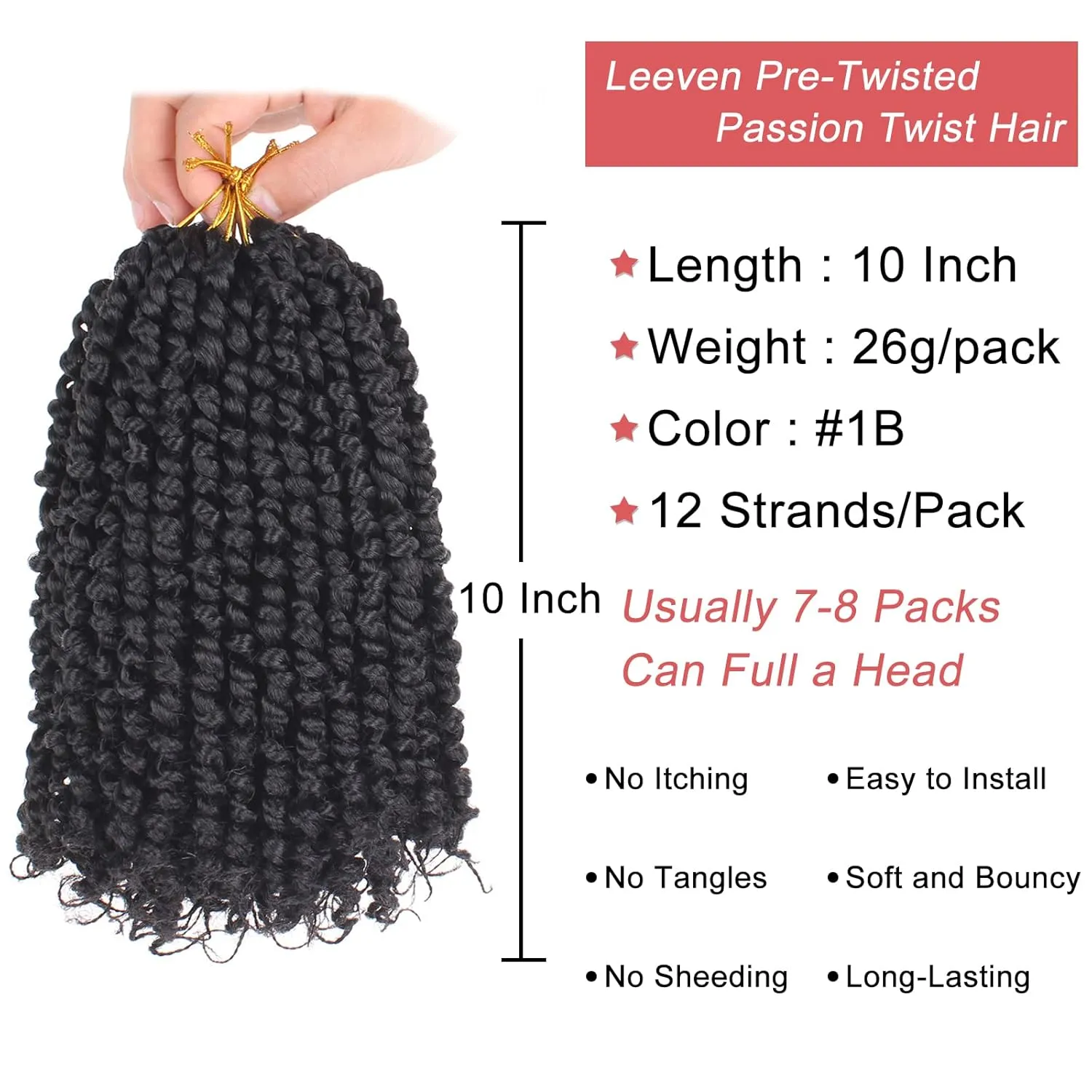Leeven 8 Packs 10 Inch Passion Twist Hair for Women Natural Black Bomb Pre Twisted Water Wave Crochet Braids Hair Pre Looped Curly Bohemian Synthetic Braiding Hair Extensions 12 Strands/Pack #1B