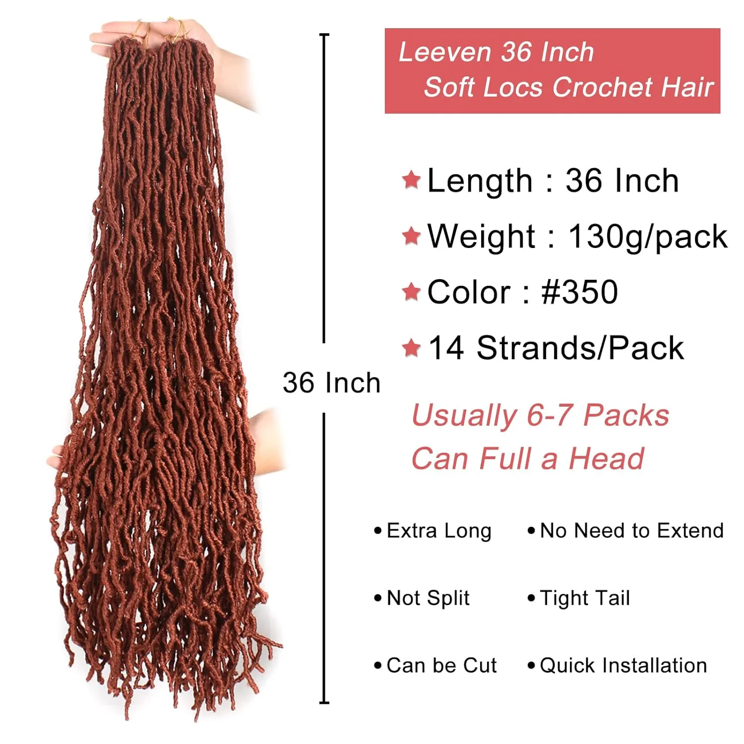 Leeven New Faux Locs Crochet Braids Hair 36 Inch Ginger Distressed Soft Locs Long Goddess Locs 3 Packs Copper Red Pre Looped Extended Locs For Women Curly Wavy Afro Roots Synthetic Hair #350