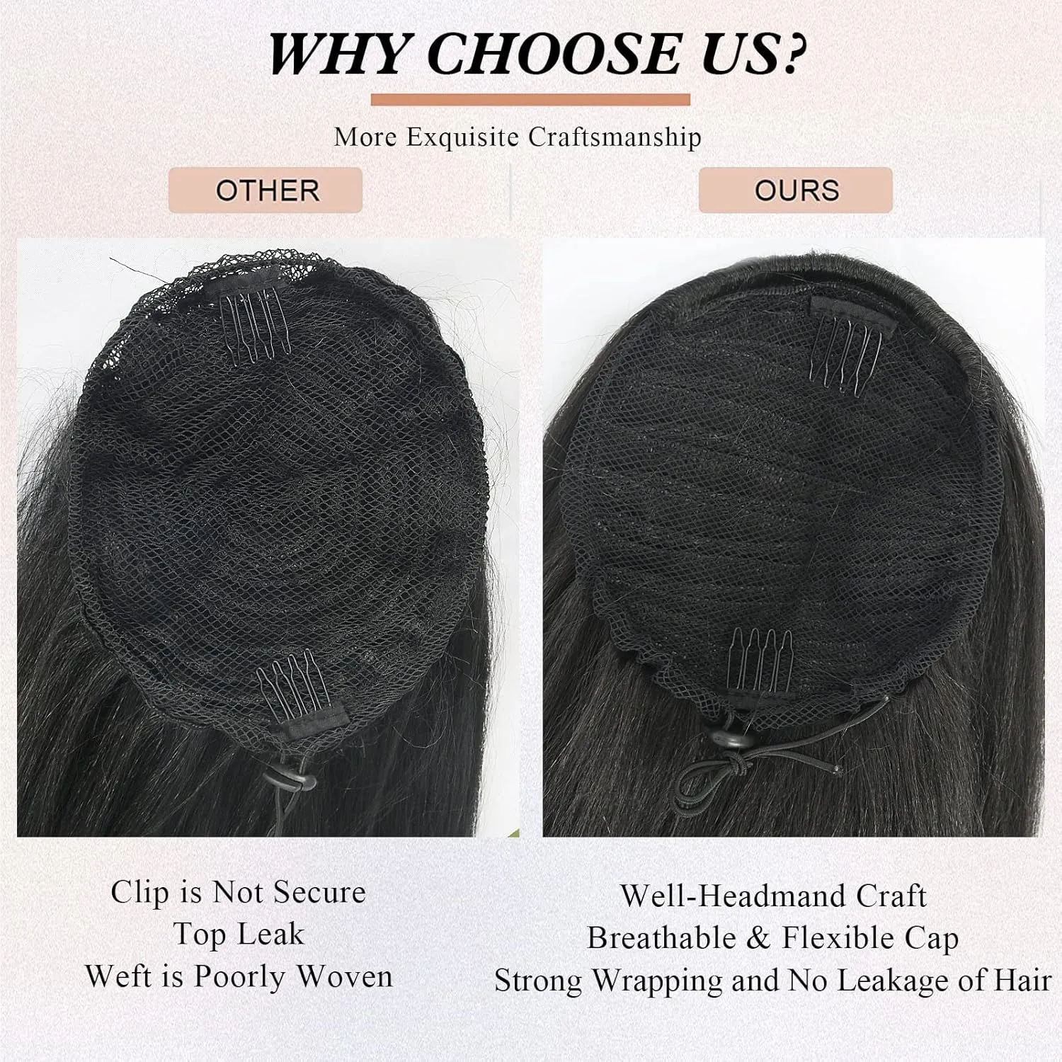 LEOSA 14 inch Drawstring Ponytails for Black Women Short Natural Black Yaki Straight Drawstring Ponytail Hair Extensions (14 Inch, 1B-BUG#)