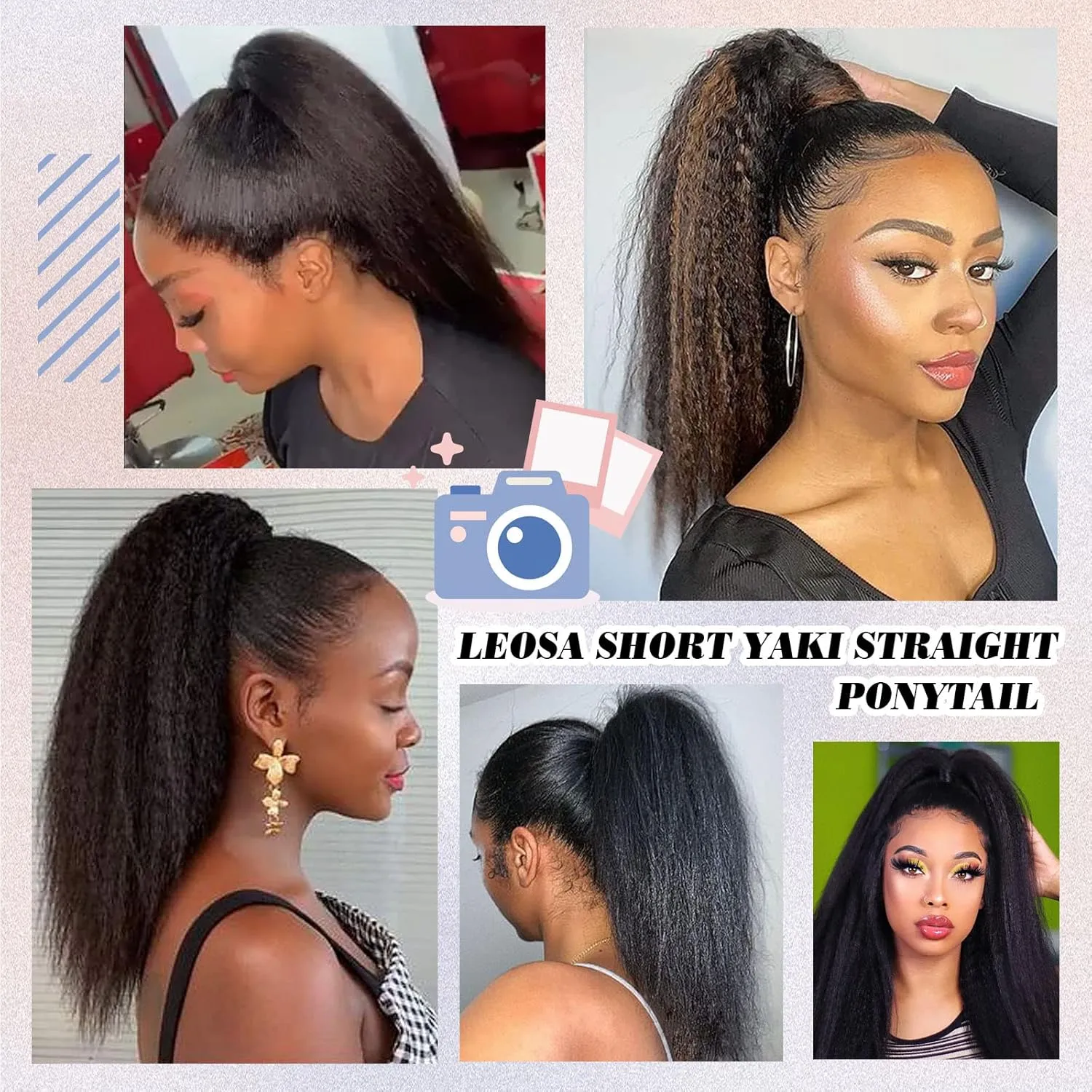 LEOSA 14 inch Drawstring Ponytails for Black Women Short Natural Black Yaki Straight Drawstring Ponytail Hair Extensions (14 Inch, 1B-BUG#)