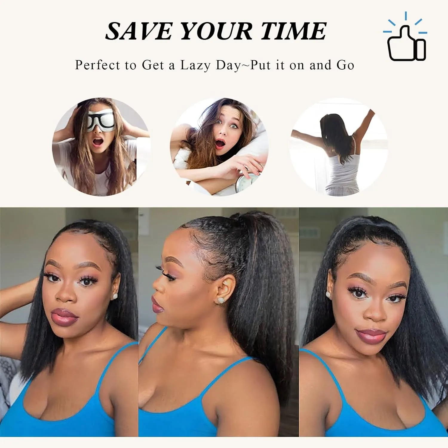 LEOSA 14 inch Drawstring Ponytails for Black Women Short Natural Black Yaki Straight Drawstring Ponytail Hair Extensions (14 Inch, 1B-BUG#)