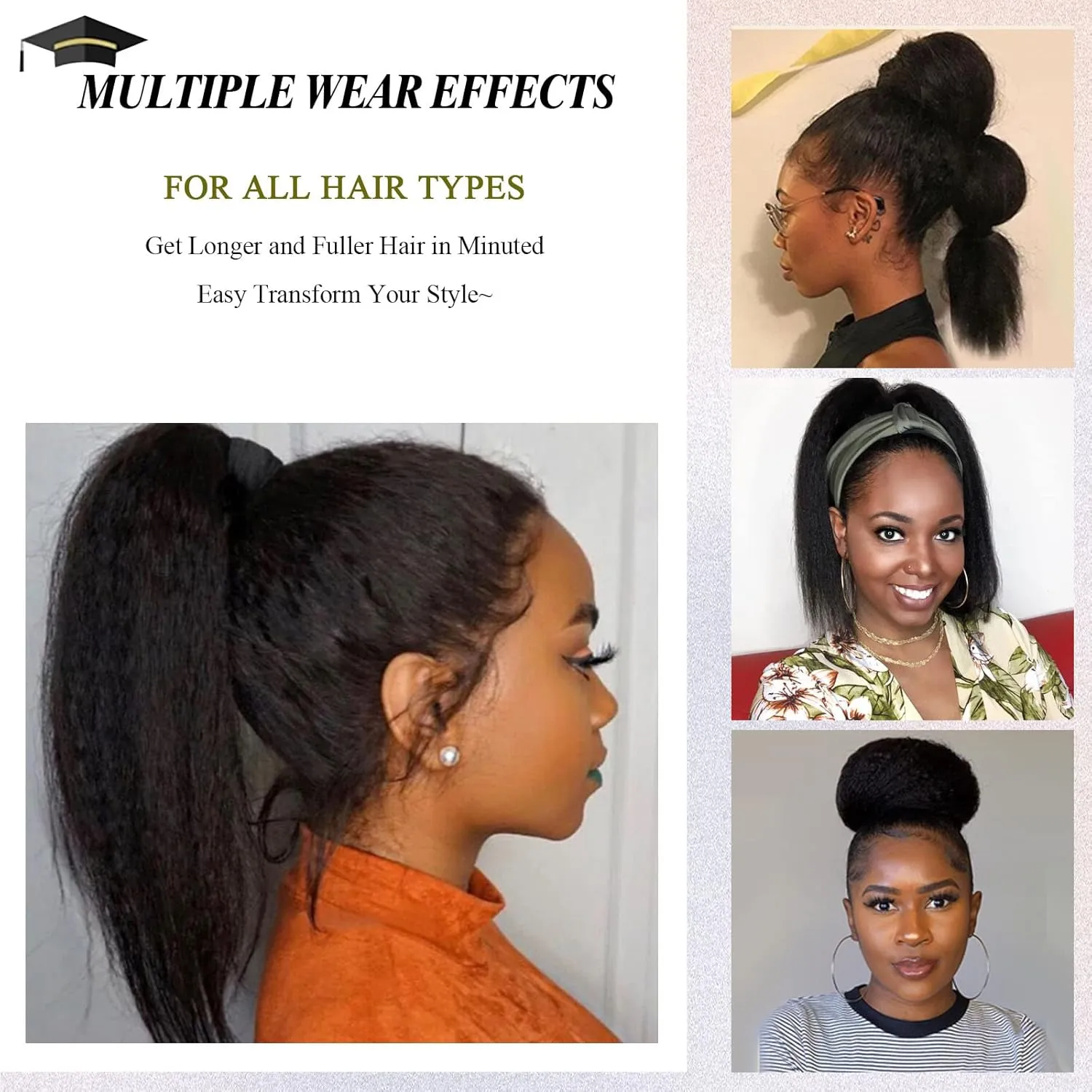 LEOSA 14 inch Drawstring Ponytails for Black Women Short Natural Black Yaki Straight Drawstring Ponytail Hair Extensions (14 Inch, 1B-BUG#)