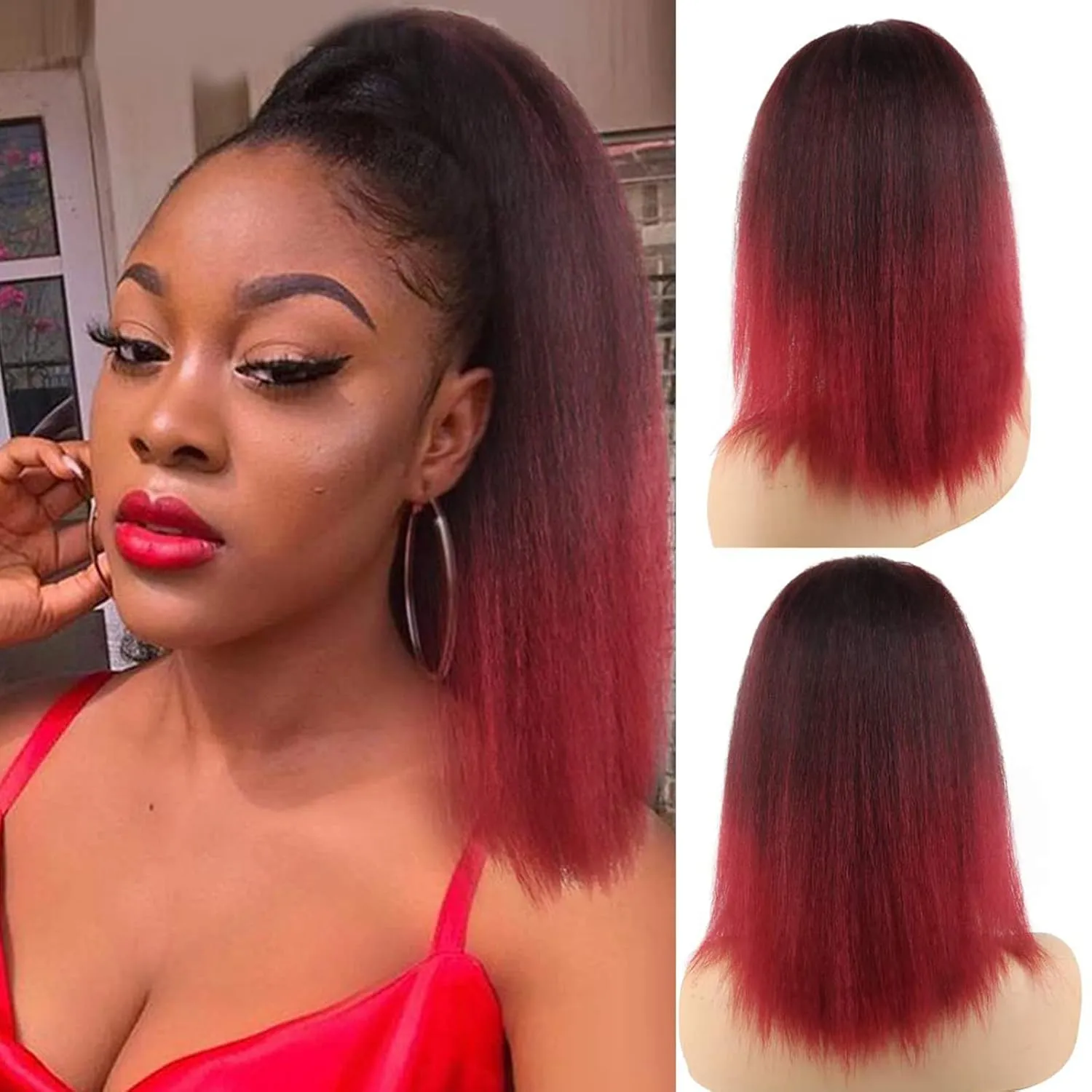 LEOSA 14 inch Drawstring Ponytails for Black Women Short Natural Black Yaki Straight Drawstring Ponytail Hair Extensions (14 Inch, 1B-BUG#)