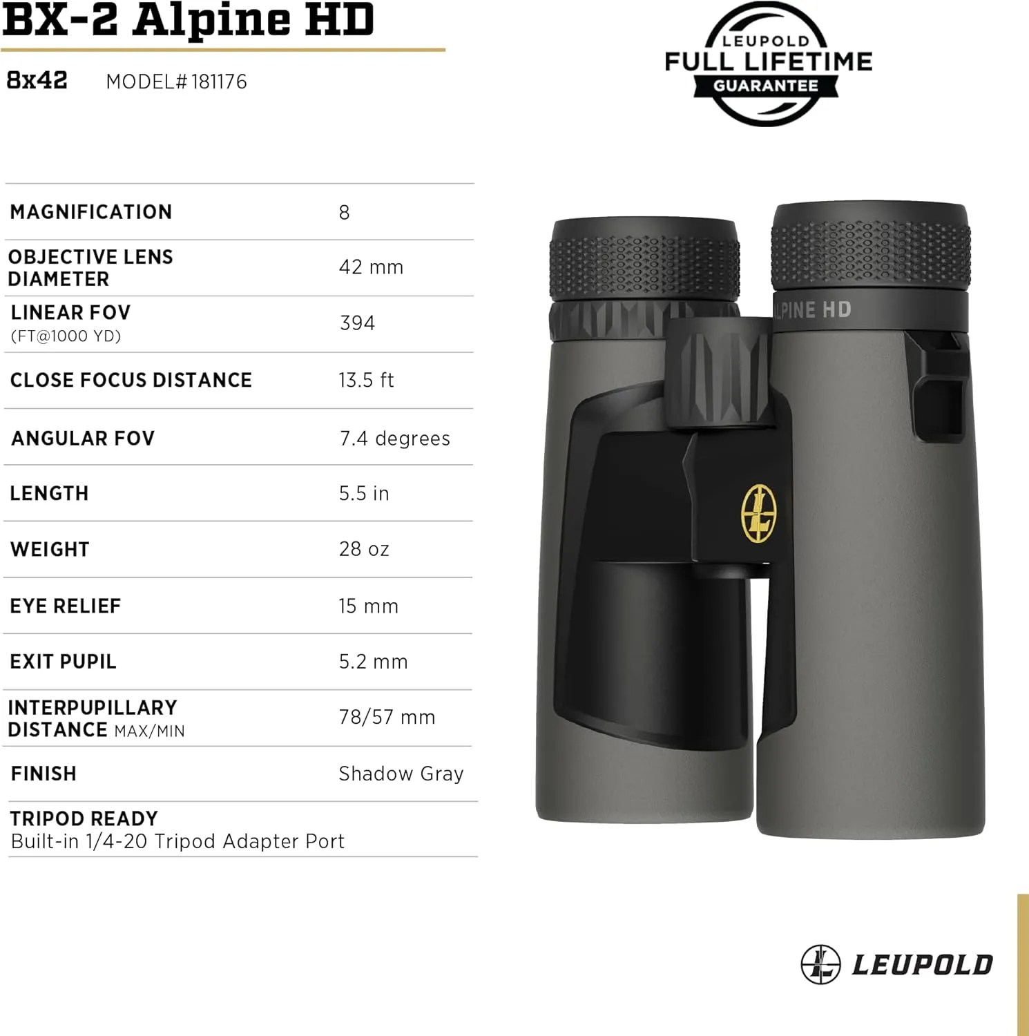 Leupold BX-2 Alpine HD Binoculars, 8x42mm (181176)