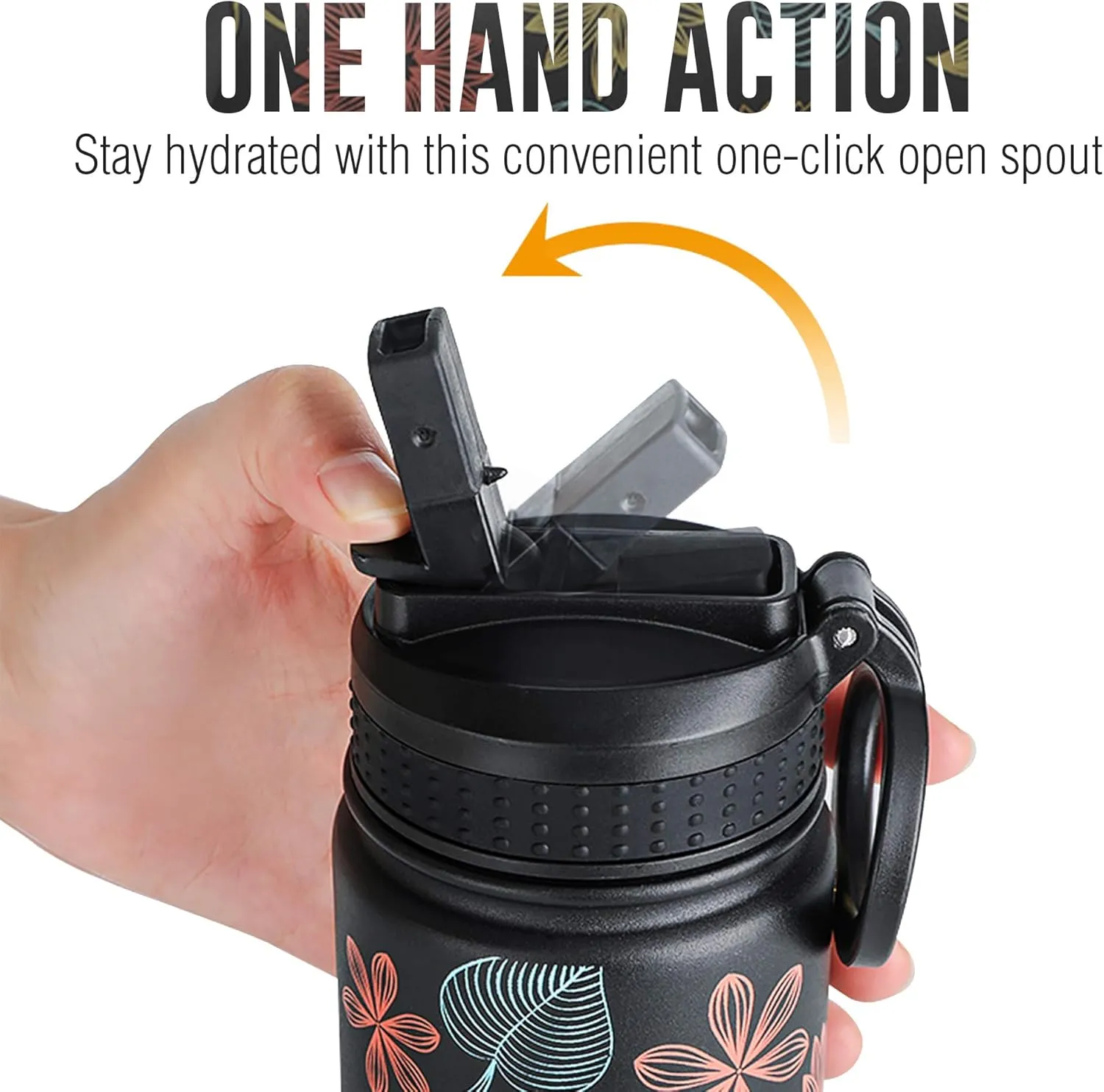 Life's Easy Stainless Steel Insulated Water Bottle - Sports Water Bottle w/Loop Handle Bionic Silicone Straw Lid - Vacuum Flask for Hot and Cold Drinks Great for School & More (Fleur Black, 18 oz)
