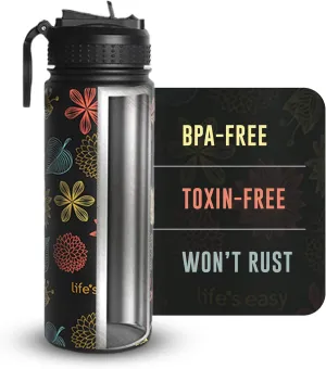 Life's Easy Stainless Steel Insulated Water Bottle - Sports Water Bottle w/Loop Handle Bionic Silicone Straw Lid - Vacuum Flask for Hot and Cold Drinks Great for School & More (Fleur Black, 18 oz)