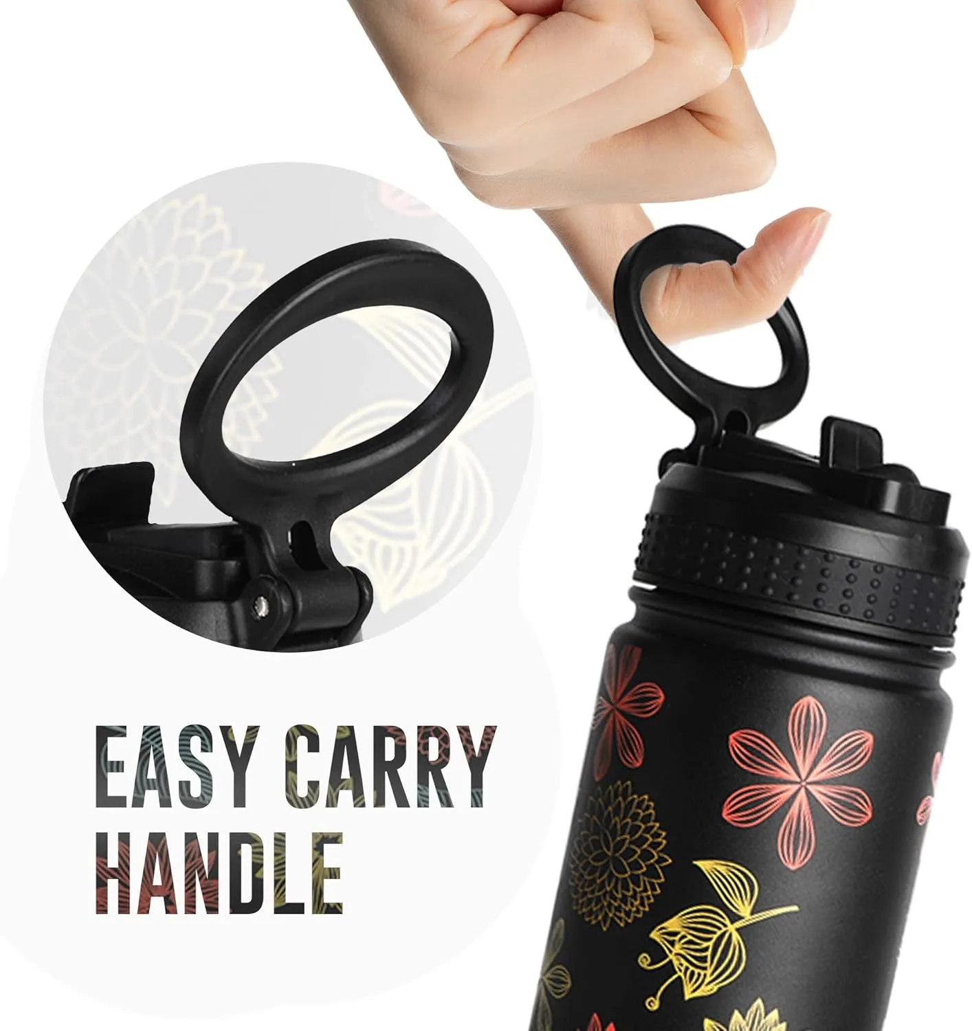 Life's Easy Stainless Steel Insulated Water Bottle - Sports Water Bottle w/Loop Handle Bionic Silicone Straw Lid - Vacuum Flask for Hot and Cold Drinks Great for School & More (Fleur Black, 18 oz)