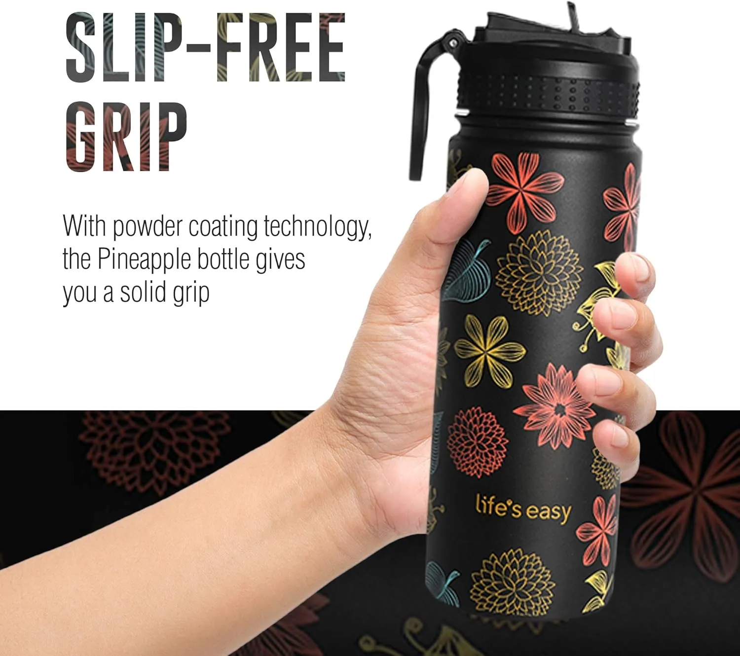 Life's Easy Stainless Steel Insulated Water Bottle - Sports Water Bottle w/Loop Handle Bionic Silicone Straw Lid - Vacuum Flask for Hot and Cold Drinks Great for School & More (Fleur Black, 18 oz)