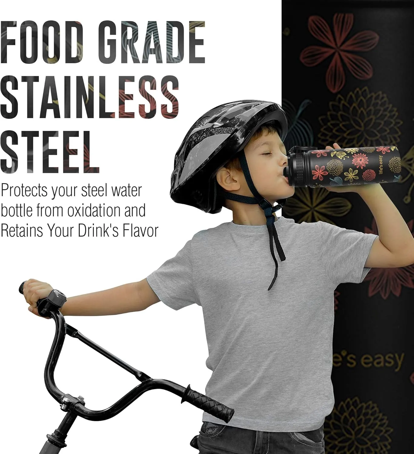 Life's Easy Stainless Steel Insulated Water Bottle - Sports Water Bottle w/Loop Handle Bionic Silicone Straw Lid - Vacuum Flask for Hot and Cold Drinks Great for School & More (Fleur Black, 18 oz)