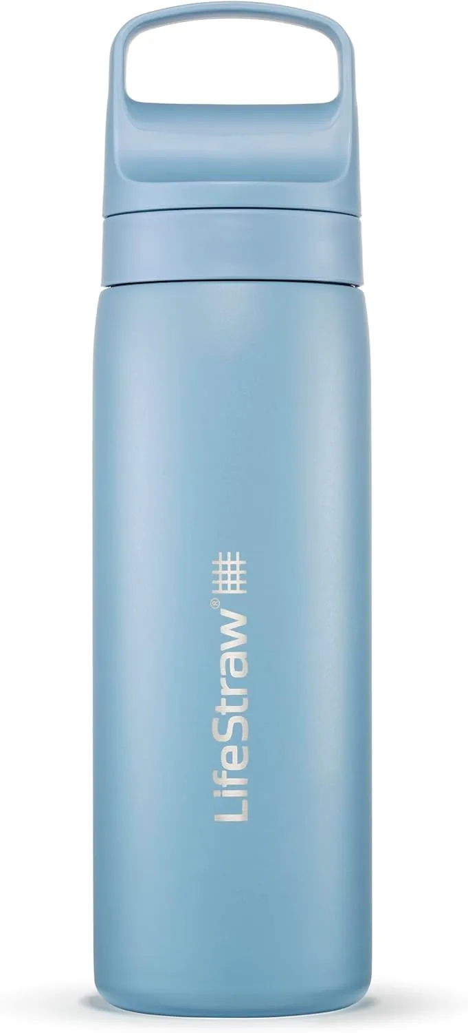 LifeStraw Go Series – Insulated Stainless Steel Water Filter Bottle for Travel and Everyday Use, Removes Bacteria, Parasites and Microplastics, Improves Taste, 18oz Icelandic Blue