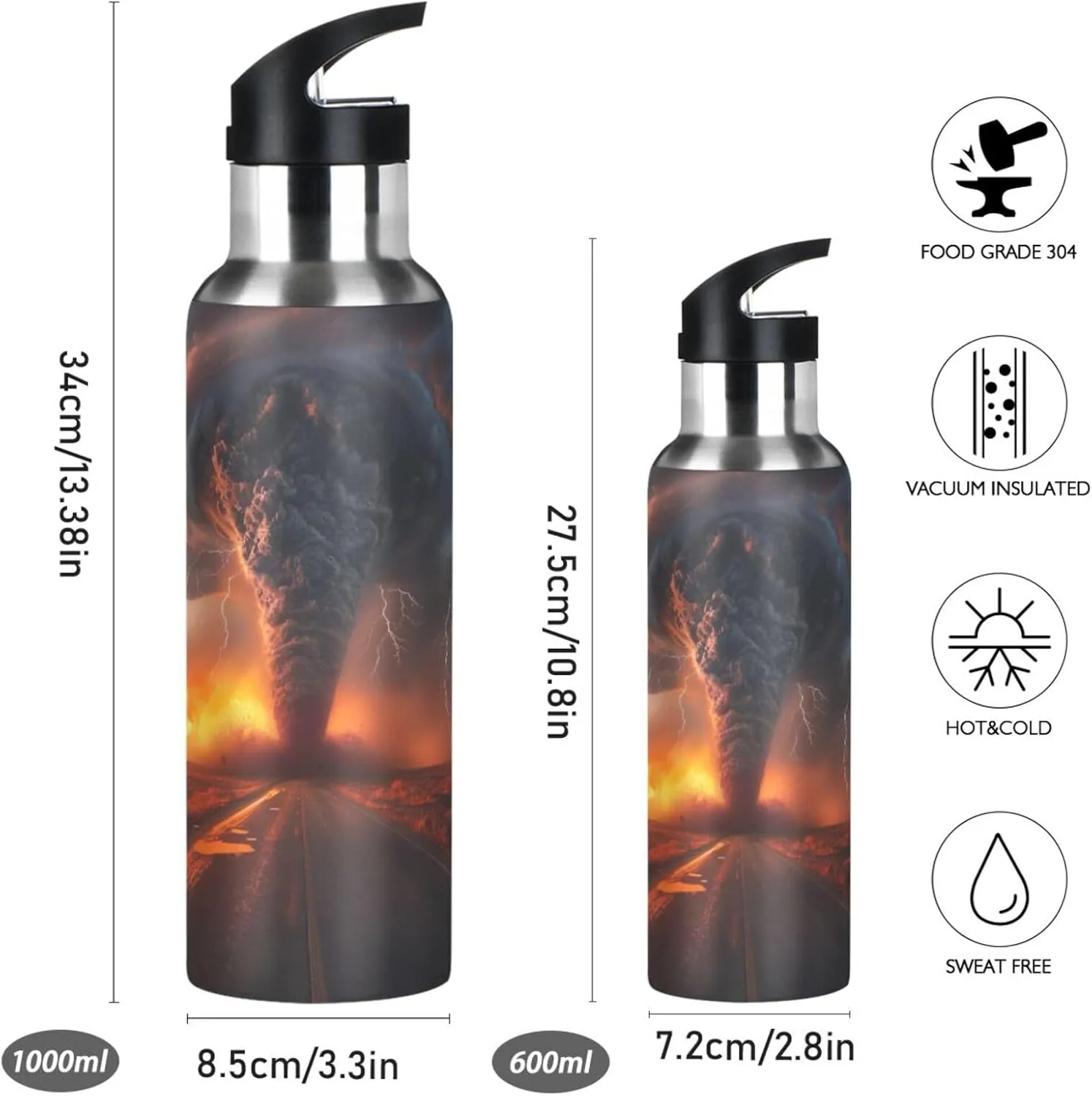 Lightning Tornado Water Bottle with Straw Lid for Fitness Gym Camping Outdoor Sports, Wide Mouth Vacuum Insulated 18/8 Stainless Steel, 22oz#280