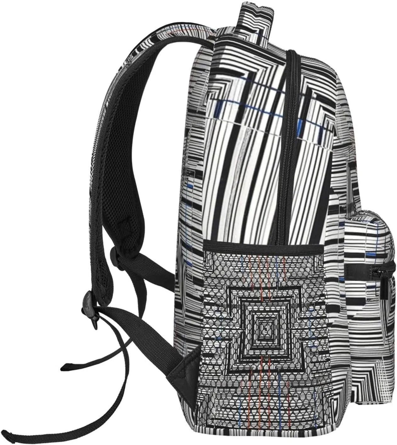 Lightweight Daypack Bookbag for Trekking Business Walking Cycling - Big Capacity Anti-Theft Multipurpose Carry On Bag, Black Geometric Stripes 80S 90S Style Art Business Computer Bag