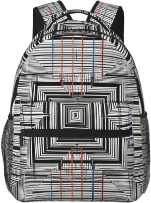Lightweight Daypack Bookbag for Trekking Business Walking Cycling - Big Capacity Anti-Theft Multipurpose Carry On Bag, Black Geometric Stripes 80S 90S Style Art Business Computer Bag