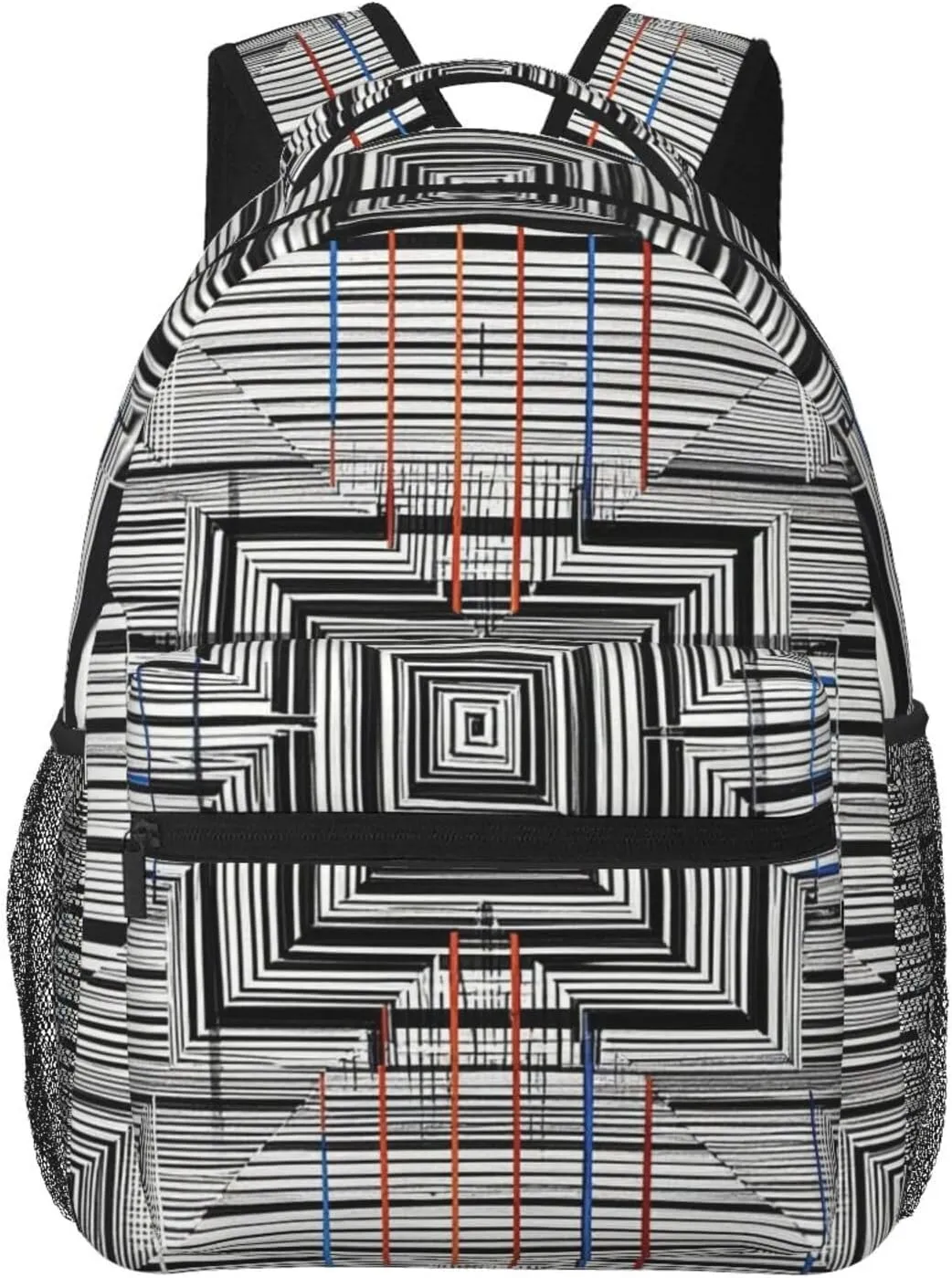 Lightweight Daypack Bookbag for Trekking Business Walking Cycling - Big Capacity Anti-Theft Multipurpose Carry On Bag, Black Geometric Stripes 80S 90S Style Art Business Computer Bag