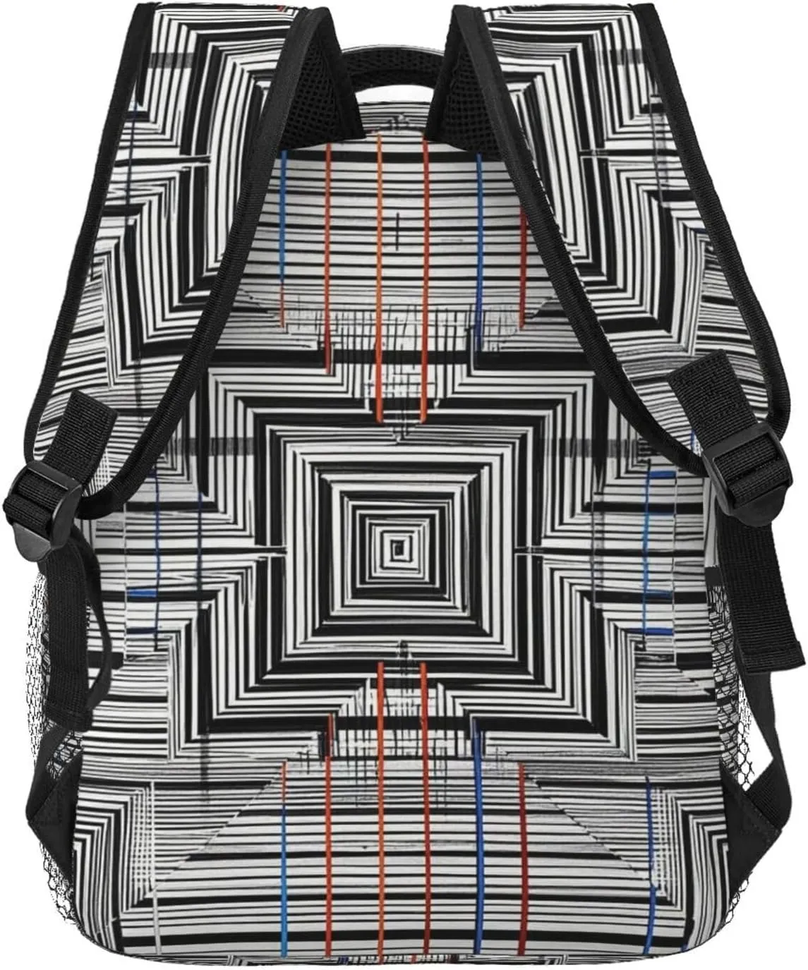 Lightweight Daypack Bookbag for Trekking Business Walking Cycling - Big Capacity Anti-Theft Multipurpose Carry On Bag, Black Geometric Stripes 80S 90S Style Art Business Computer Bag