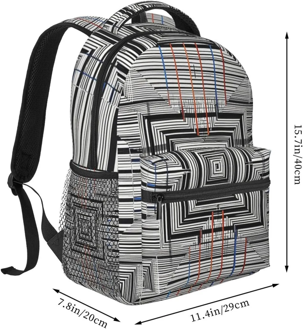 Lightweight Daypack Bookbag for Trekking Business Walking Cycling - Big Capacity Anti-Theft Multipurpose Carry On Bag, Black Geometric Stripes 80S 90S Style Art Business Computer Bag
