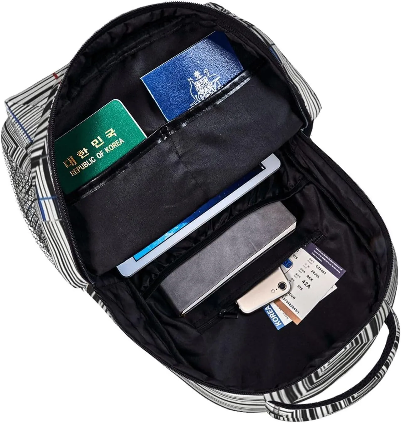 Lightweight Daypack Bookbag for Trekking Business Walking Cycling - Big Capacity Anti-Theft Multipurpose Carry On Bag, Black Geometric Stripes 80S 90S Style Art Business Computer Bag
