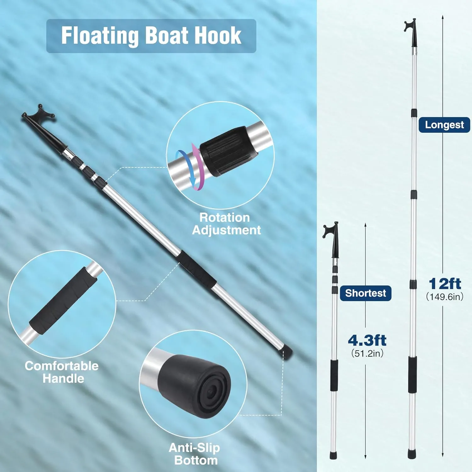 Lineslife Boat Hooks for Docking,12ft Telescoping Pole with Hook,Sturdy and Lightweight Push Pole for Boat Accessories,3ft/8ft