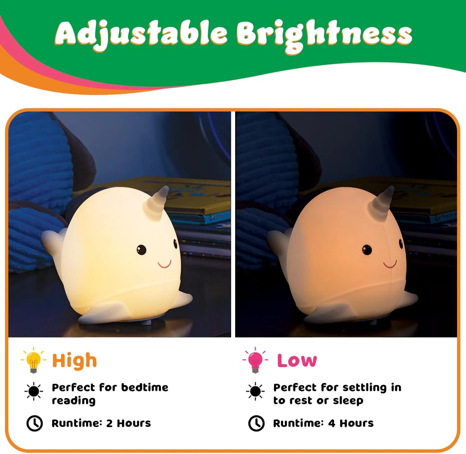 LitezAll Narwhal Squishy Silicone Night Light for Kids, Tap-to-Change Color & Brightness, Cute Battery Operated Portable Lantern, Touch Light Nursery Lamp, Soft Glow Nightlight for Toddlers & Bedrooms