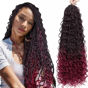 LIYATE Burgundy Goddess Box Braids Crochet Hair 18 Inch 7 Packs Pre looped Boho Crochet Braids With Curly Ends Red Crochet Braiding Hair for Women,1B/Bug