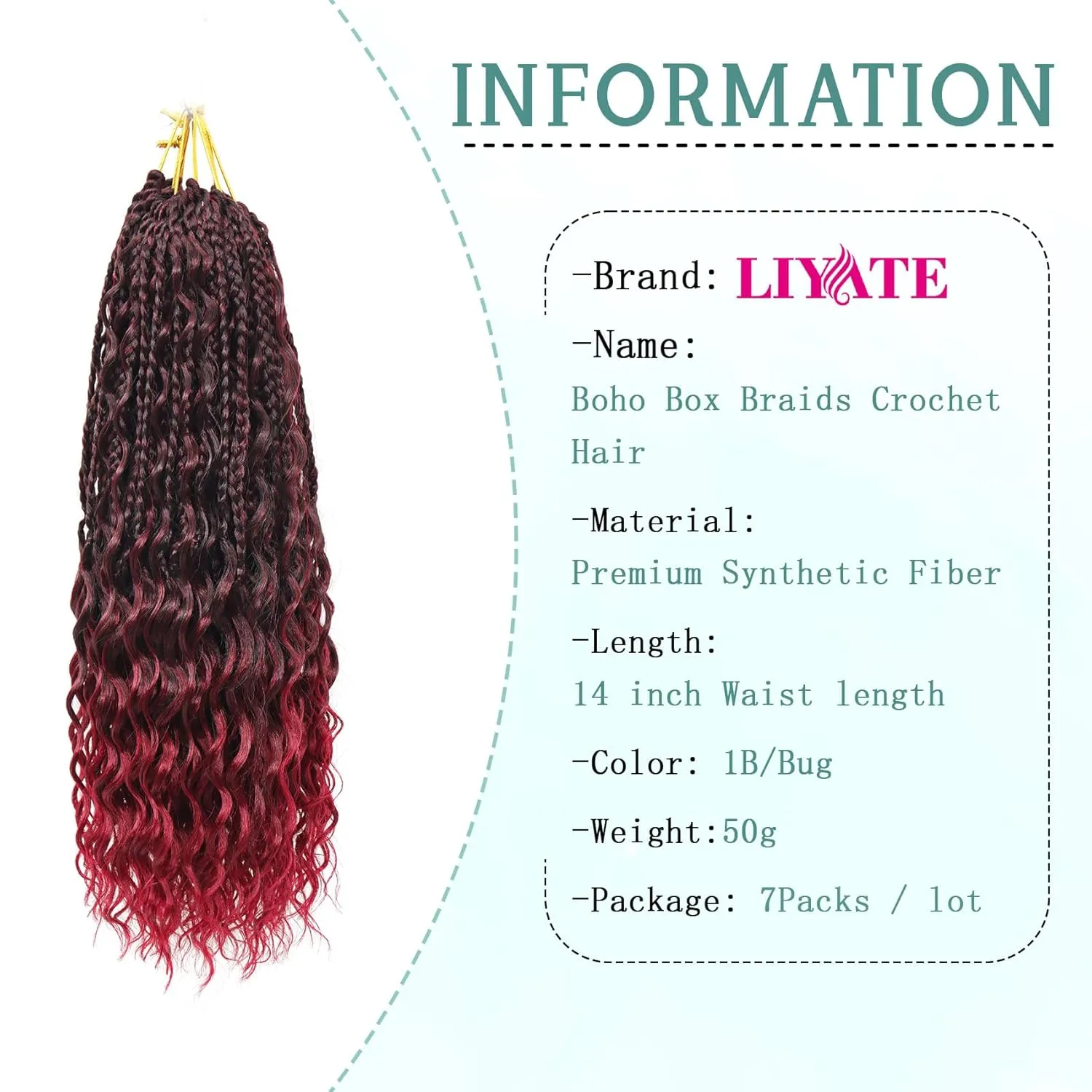 LIYATE Goddess Bohemian Crochet Box Braids - 14 Inch 7 Packs Red Boho Crochet Hair for Women Pre Looped Gypsy Braids Synthetic Braiding Hair Extensions,1B/Bug