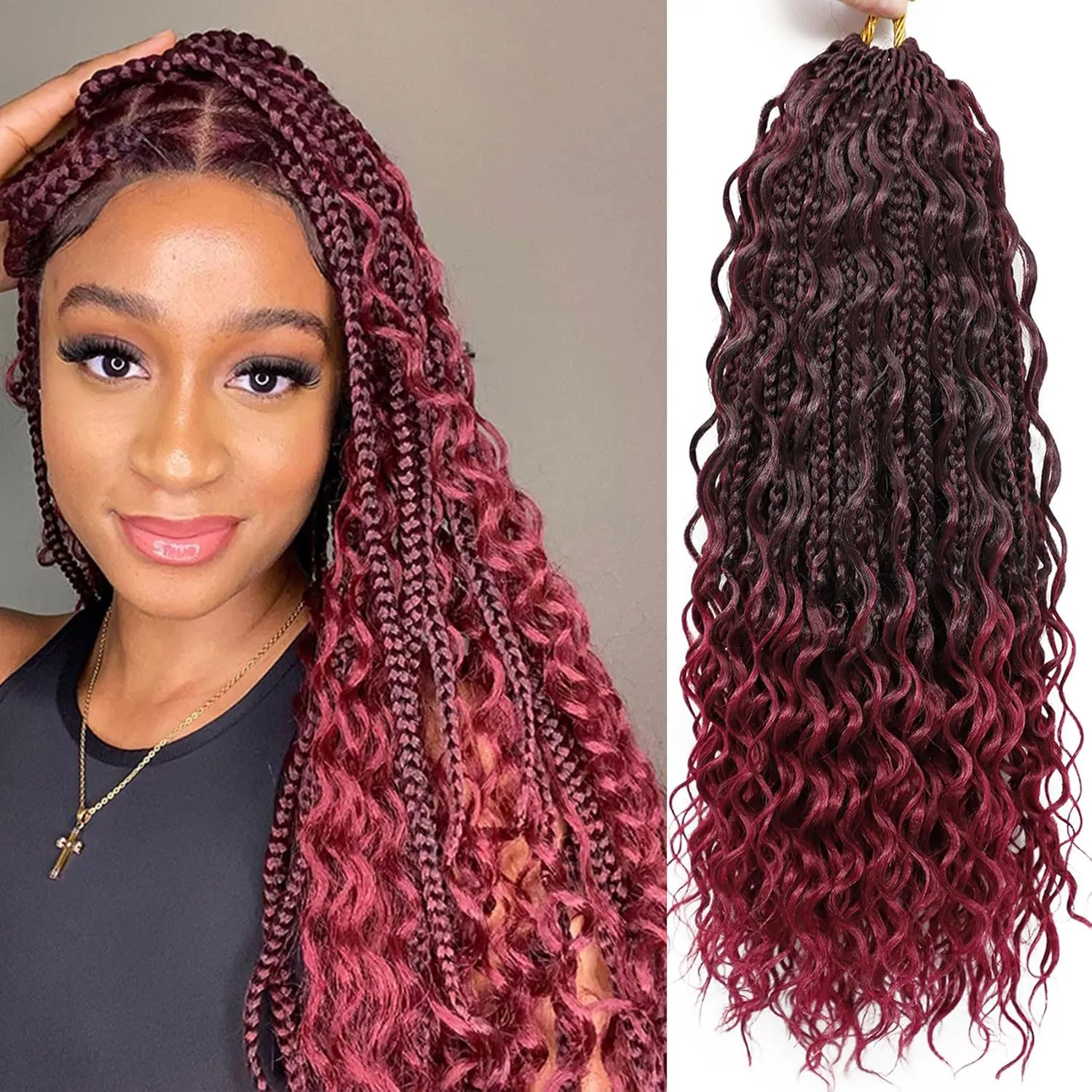 LIYATE Goddess Bohemian Crochet Box Braids - 14 Inch 7 Packs Red Boho Crochet Hair for Women Pre Looped Gypsy Braids Synthetic Braiding Hair Extensions,1B/Bug