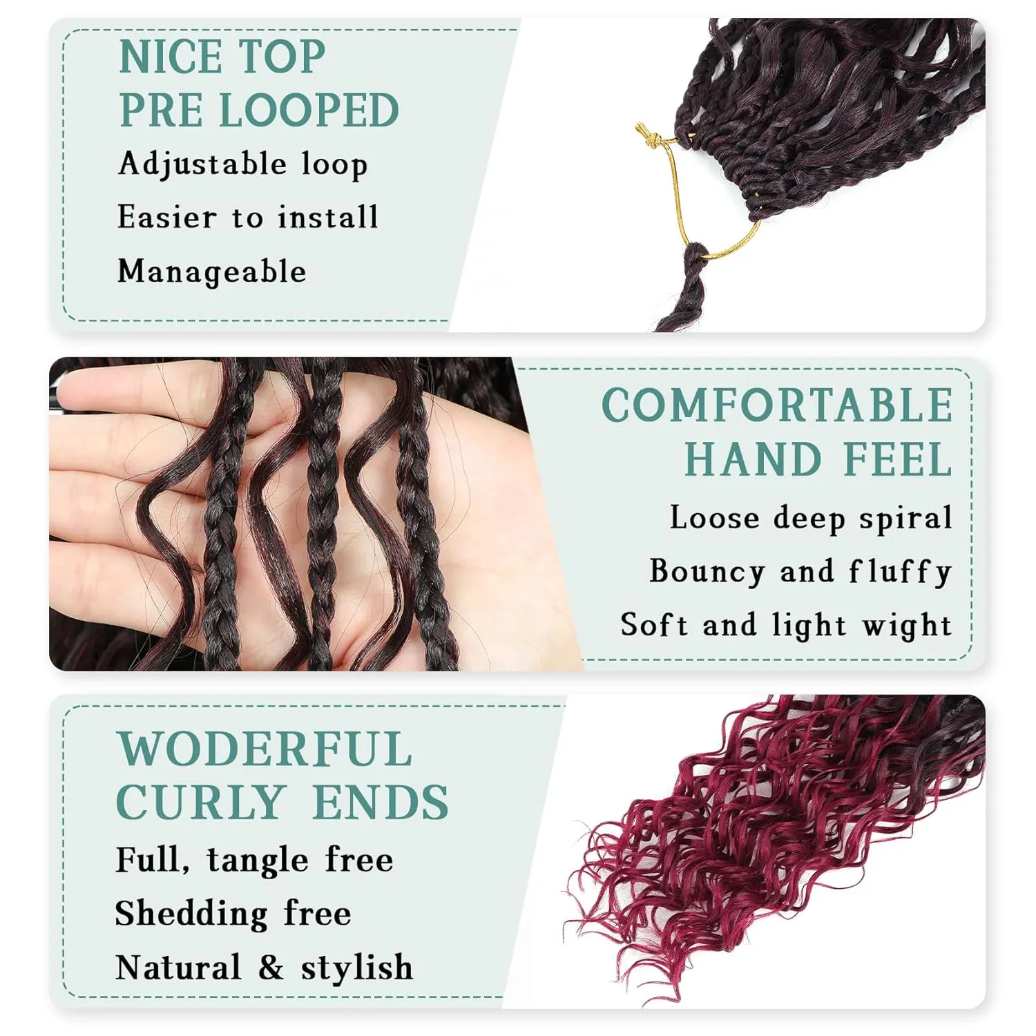LIYATE Goddess Bohemian Crochet Box Braids - 14 Inch 7 Packs Red Boho Crochet Hair for Women Pre Looped Gypsy Braids Synthetic Braiding Hair Extensions,1B/Bug