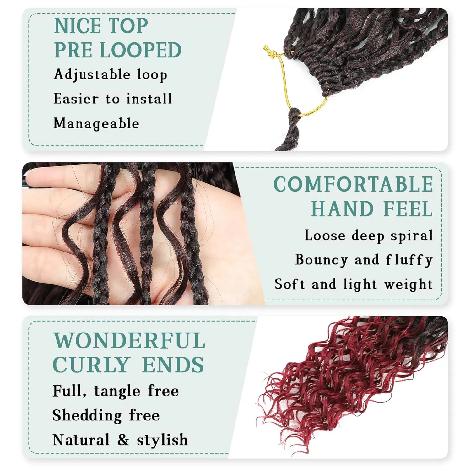 LIYATE Goddess Box Braids Crochet Hair 24 Inch 7 Packs Pre looped Burgundy Boho Crochet Braids With Curly Ends 3X Red Crochet Braids Hair for Women Synthetic Braiding Hair, 1B/Bug