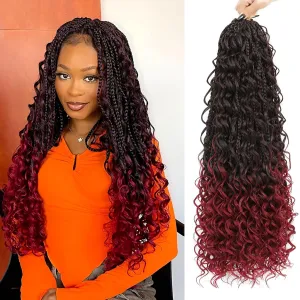 LIYATE Goddess Box Braids Crochet Hair 24 Inch 7 Packs Pre looped Burgundy Boho Crochet Braids With Curly Ends 3X Red Crochet Braids Hair for Women Synthetic Braiding Hair, 1B/Bug