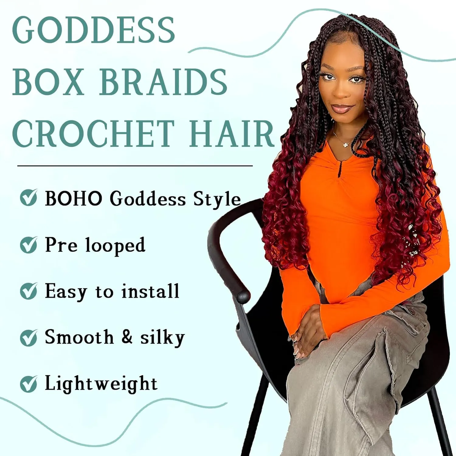 LIYATE Goddess Box Braids Crochet Hair 24 Inch 7 Packs Pre looped Burgundy Boho Crochet Braids With Curly Ends 3X Red Crochet Braids Hair for Women Synthetic Braiding Hair, 1B/Bug