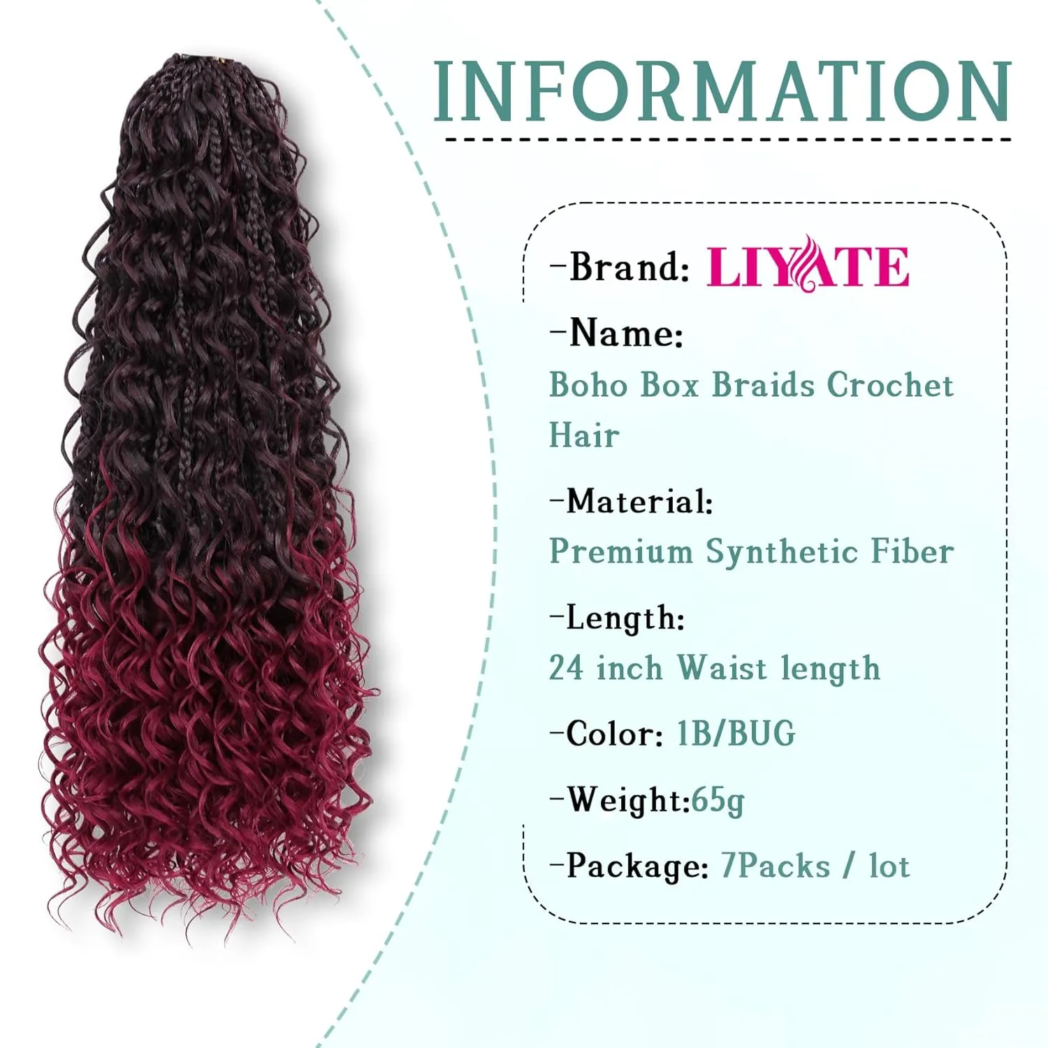 LIYATE Goddess Box Braids Crochet Hair 24 Inch 7 Packs Pre looped Burgundy Boho Crochet Braids With Curly Ends 3X Red Crochet Braids Hair for Women Synthetic Braiding Hair, 1B/Bug