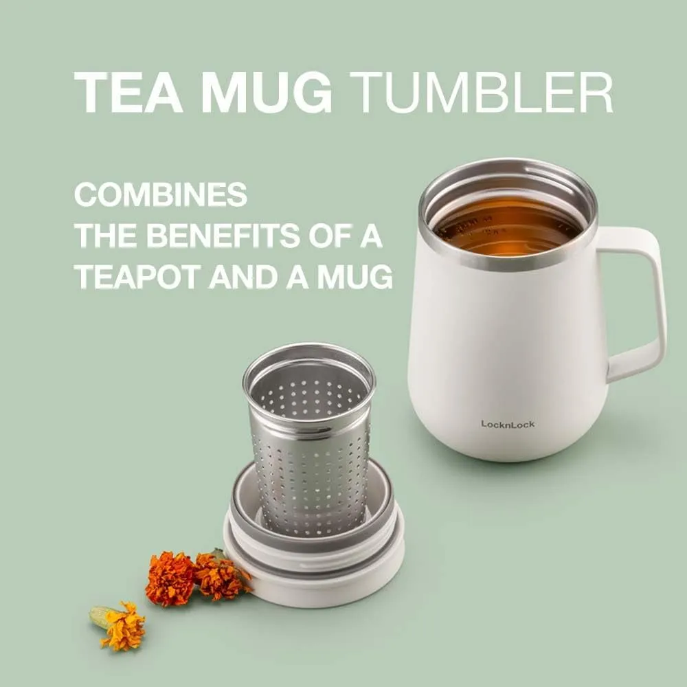 LocknLock Metro Tea Mug Ivory 13oz/400ml, Coffee Mug Cups with Tea Infuser Strainer, Lid and Handle, Double Wall Stainless Steel Vacuum Insulated Travel Tumbler