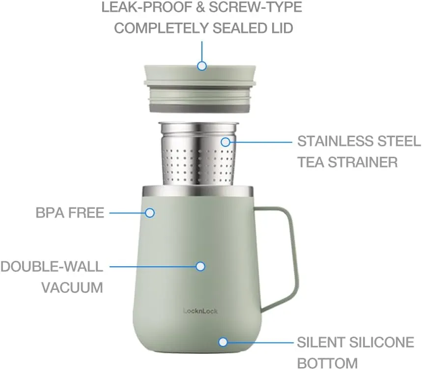 LocknLock Metro Tea Mug Ivory 13oz/400ml, Coffee Mug Cups with Tea Infuser Strainer, Lid and Handle, Double Wall Stainless Steel Vacuum Insulated Travel Tumbler