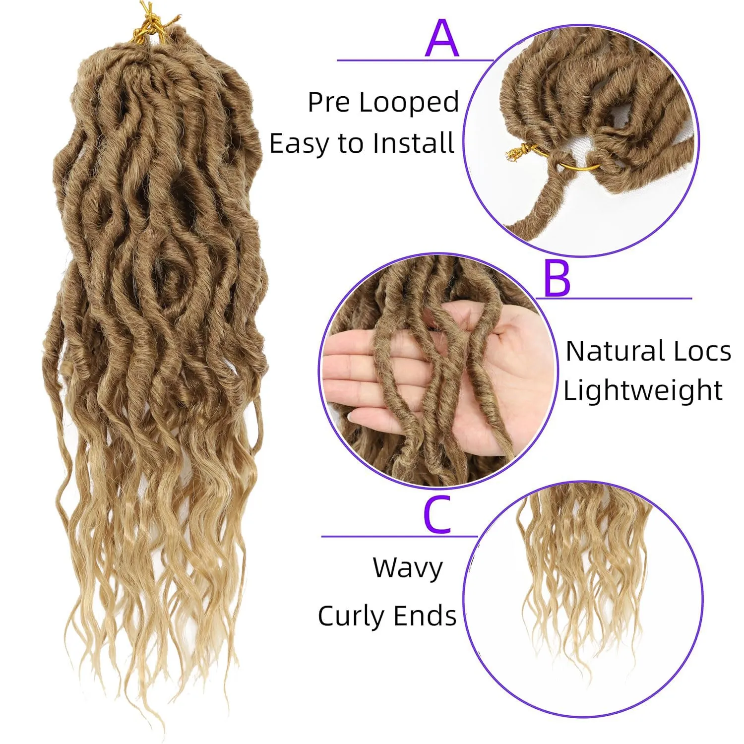LOSMOEER Goddess Locs Crochet Hair 12 Inch 6 Packs Faux Locs Crochet Hair for Women Soft Locs Pre Looped Crochet Braids with Wavy Curly Ends Queen Locs Synthetic Braids Extensions (27#)