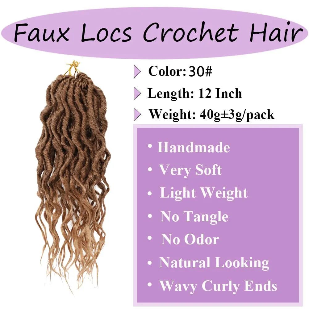 LOSMOEER Goddess Locs Crochet Hair 12 Inch 6 Packs Faux Locs Crochet Hair for Women Soft Locs Pre Looped Crochet Braids with Wavy Curly Ends Queen Locs Synthetic Braids Extensions (30#)