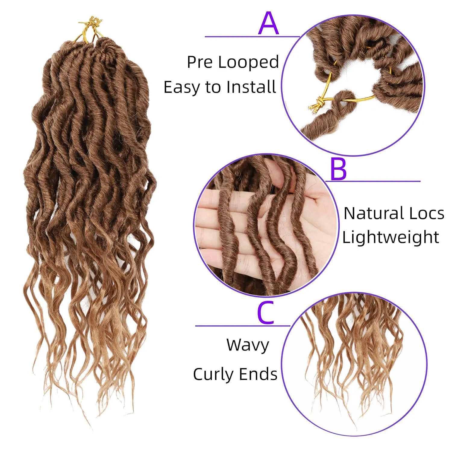 LOSMOEER Goddess Locs Crochet Hair 12 Inch 6 Packs Faux Locs Crochet Hair for Women Soft Locs Pre Looped Crochet Braids with Wavy Curly Ends Queen Locs Synthetic Braids Extensions (30#)