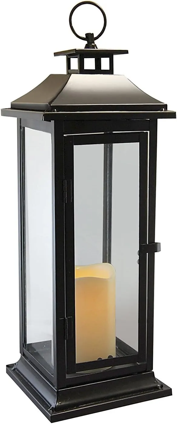Lumabase Metal Lantern with Battery Operated Candle - Traditional Black, 17" Lantern, 90401, Size: Lantern size: 6 x 6 x 17 ; LED candle size: 3 x 3 x 4.5 inches