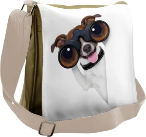 Lunarable Funny Messenger Bag, Puppy Dog with Binoculars, Unisex Cross-body