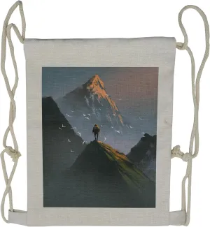 Lunarable Mountain Drawstring Backpack, Man Trekking Mountain Top, Sackpack Bag