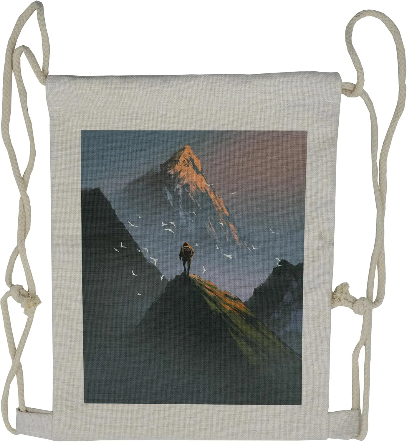 Lunarable Mountain Drawstring Backpack, Man Trekking Mountain Top, Sackpack Bag